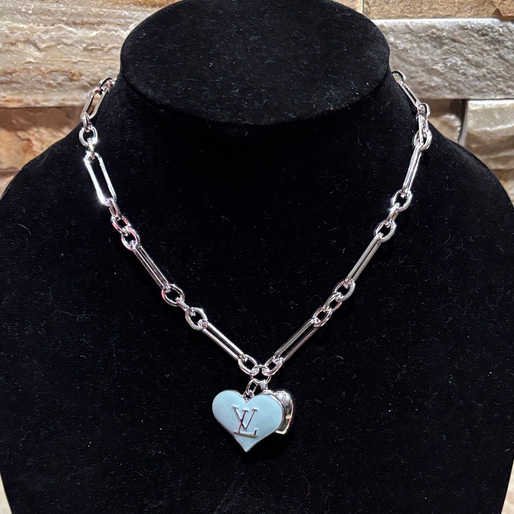 Silver & blue LV Heart Pendant Necklace